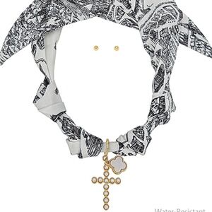Cross & Clover Charm Scarf Necklace Set